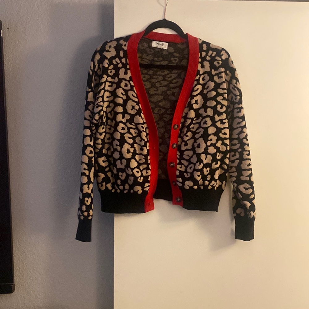 Animal print sweater with red accent